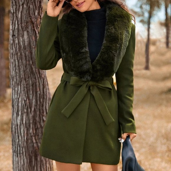 Glamorous Olive Green Faux fur collar Belted Overcoat Jacket Coat - Picture 4 of 6